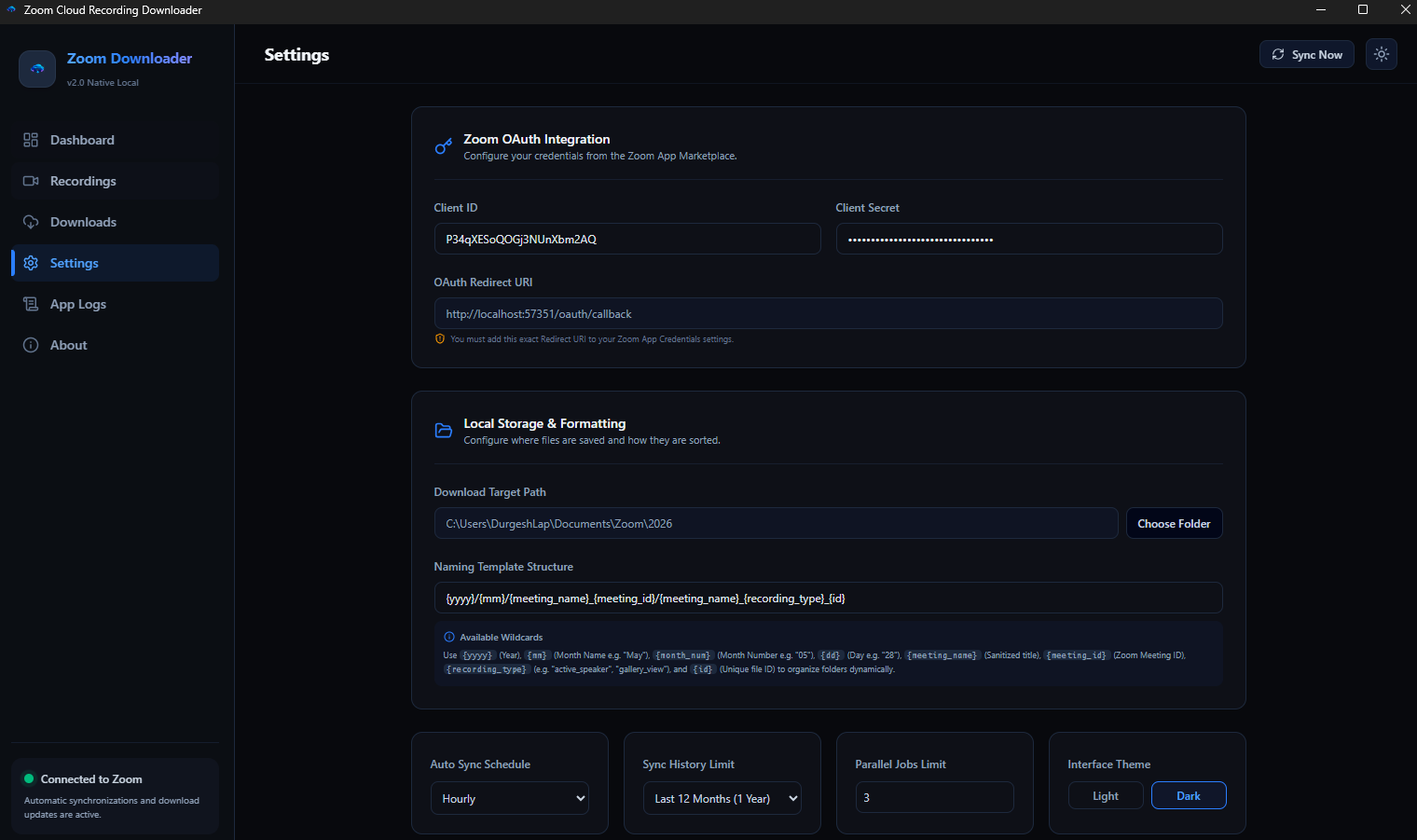 zoom downloadr Settings Control